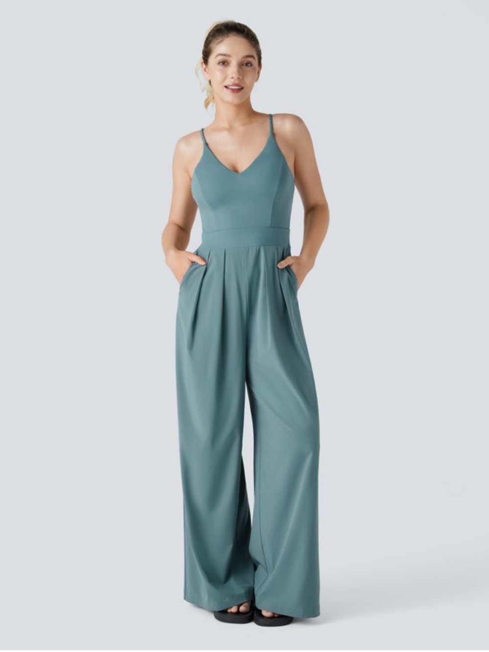 Halara Wide-Leg V-Neck Jumpsuit in Dusty Teal